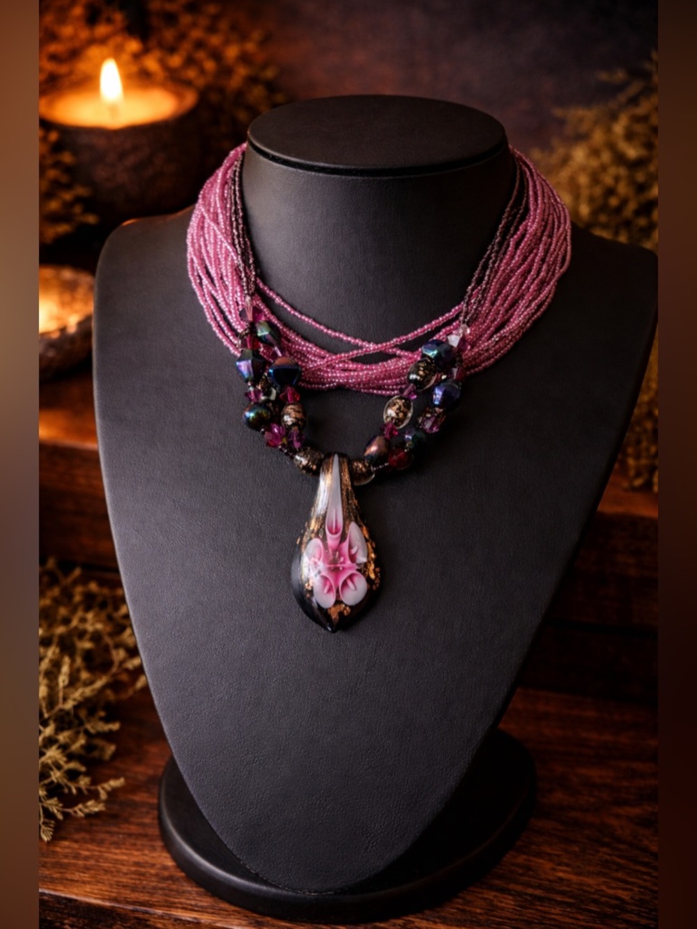 🌸 Artisan Handblown Glass Flower & Multi-Strand Purple Seed Bead Necklaces Set